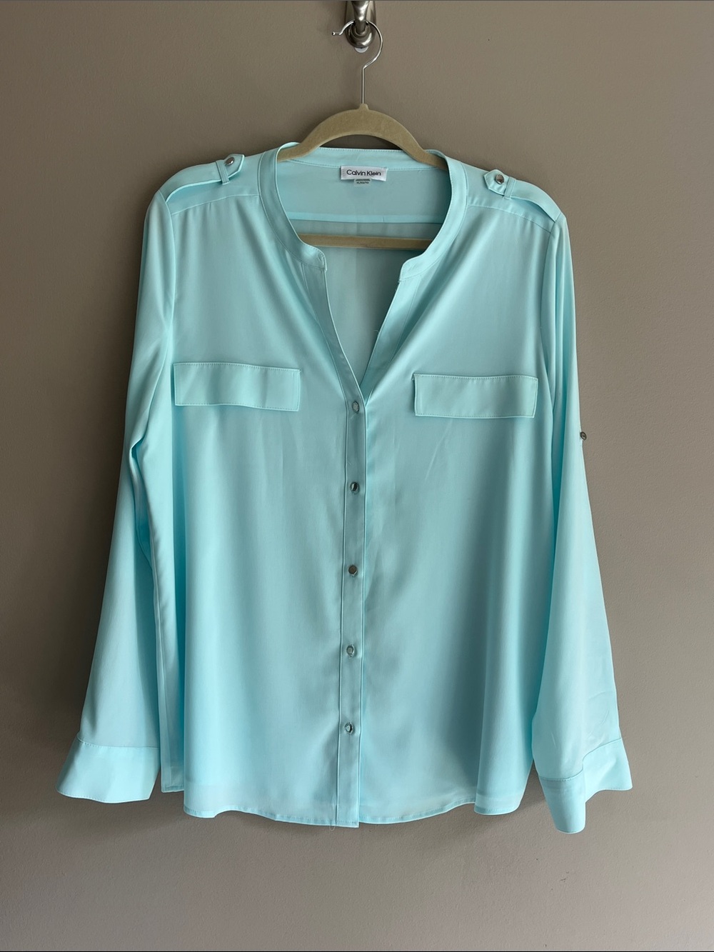 Calvin Klein Aqua blue band collar long sleeve button down utility shirt size XL